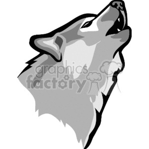 The clipart image depicts the profile of a wolf's head with its muzzle pointed upwards, as if it is howling. The wolf appears to be stylized in shades of gray, with the design emphasizing the animal's open mouth and upward tilt of its head. The image does not include other elements such as the moon or night sky, which are often associated with a howling wolf.