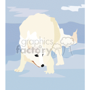 The image is a clipart illustration of a white wolf. The background suggests a cold or icy environment with shades of blue indicating water or sky, and white patches that might represent snow or clouds.