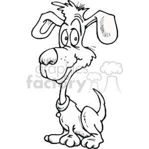 The image is a black and white clipart of a cartoon dog. The dog appears to have a happy and slightly goofy expression, with large eyes, a big nose, oversized floppy ears, and a long neck. The dog also appears to be wearing a collar with a tag, indicating that it is a pet. Its tail is curved upwards, and it's standing on all fours.