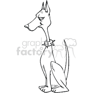 The image depicts a stylized line art drawing of a dog. The dog has a slender build and long features, with a pointed snout and erect pointed ears. It wears a collar with a tag on its neck. The tail is long and thin, and the overall stance of the dog is upright and poised. The illustration is a simple black-and-white clipart with no shading or color.