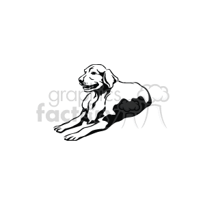 The image is a black and white line art or clipart of a dog in a resting position with its legs stretched out in front, and its head up. The drawing style is simple and lacks detailed shading, making it a clear, graphic representation of the animal.