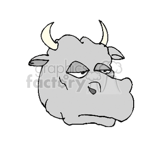 The clipart image depicts a cartoon of a bull's head with horns. The bull has a somewhat grumpy or indifferent expression.