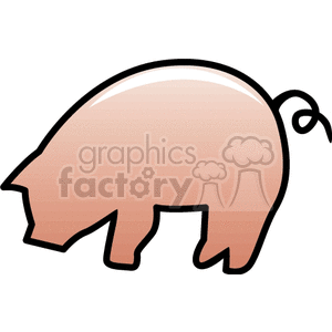 The image is a simple clipart of a pig. It features a stylized representation of a pig with a pinkish body, highlighted with lighter shades to give a bit of depth. The pig has a curly tail, a recognizable snout, and is depicted in a profile view. The pig's outline is black, providing contrast and making the figure stand out.