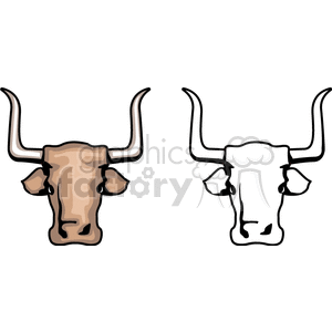 The image is a simple clipart featuring the front-facing heads of two bulls. The bull on the left is colored with shades of brown and beige, showcasing some details like the snout and ears, whereas the bull on the right is outlined in black with no color fill, representing a more abstract or outline-only version of a bull's head. Both have prominent, curved horns.