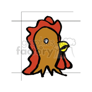 The clipart image depicts a stylized representation of a rooster, which is a common farm animal. The rooster has a brown body, a large red comb on top of its head, a red wattle under its beak, and a yellow beak.