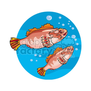 The clipart image shows two cartoon fish with orange and yellow fins, swimming in water depicted by a blue background with white bubbles. 