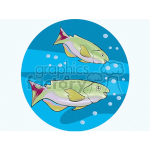 The clipart image features two stylized fish underwater. The fish are colored in shades of green with pink accents on their fins and tails, and there are bubbles around them, suggesting an aquatic environment.