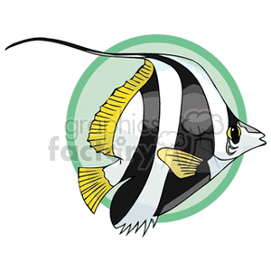 The clipart image shows a stylized tropical fish, characterized by bold black and white stripes and yellow fins, swimming against a backdrop of concentric circles in shades of green. 