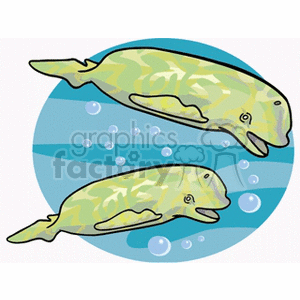 The image shows two stylized cartoon whales with a pattern that mimics camouflaging, swimming underwater with air bubbles around them. The background is divided into two parts, suggesting water surface and underwater sections.