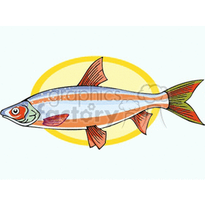 The clipart image shows a stylized illustration of a fish. The fish has an elongated body with a gradient from orange to white, prominent fins in shades of orange and red, and a pattern of dots along its body. The illustration is against a yellow circle background.