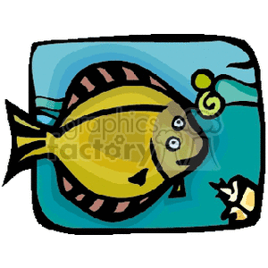 The clipart image depicts a stylized tropical fish with exaggerated features, including large eyes and lips. The fish has stripes on its body and is colored in shades of yellow and brown. It appears to be swimming underwater with small bubbles near its mouth, highlighted by a blue background that suggests a marine environment.
