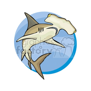 The clipart image features a hammerhead shark. The shark is characterized by its distinctive hammer-shaped head, which is known as a cephalofoil. The shark is swimming underwater with a backdrop that suggests an oceanic environment.