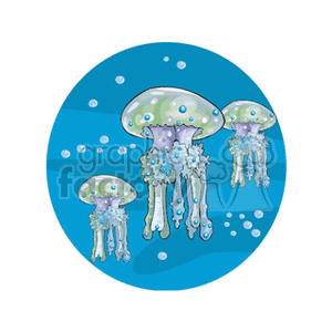 This clipart image features a group of jellyfish swimming underwater. There are bubbles around them, emphasizing their aquatic environment.