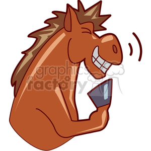 The clipart image features a cartoon horse that is laughing, with a wide grin showing its teeth. The horse has its hoof up to its mouth