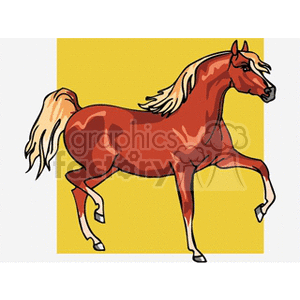 Clipart image of a brown horse with a blonde mane and tail, depicted with one front leg lifted, set against a yellow square background.