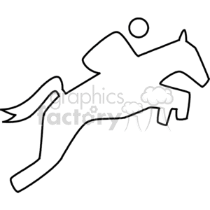 A simple black outline clipart image of a horse with a rider jumping.