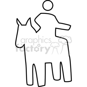 A simplistic black-and-white clipart image depicting a stick figure riding a horse.