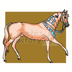 Clipart image of a light brown horse with a blue harness, walking against a brown background.