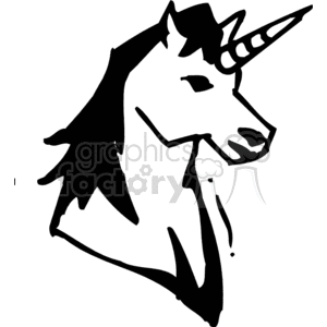 A black and white clipart image of a unicorn's head, featuring a stylized design with bold lines.