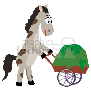 A cartoon horse with spots pushing a wheelbarrow filled with grass.