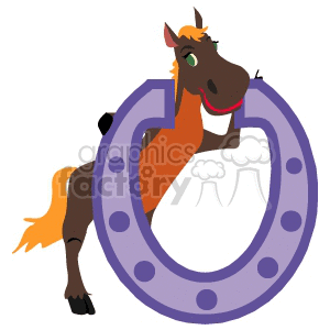 A playful clipart image of a horse with a bright orange mane, standing and peeking through a large purple horseshoe.