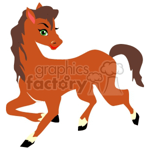 A clipart image of a brown cartoon horse with green eyes and a dark brown mane and tail. The horse is in a playful stance, lifting one of its legs.