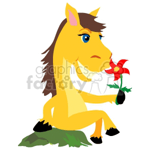 A clipart image of a smiling yellow horse sitting on the grass and holding a red flower in its hoof.