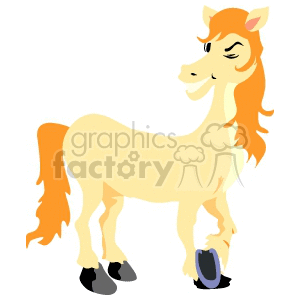 A cartoon illustration of a light-colored horse with orange mane and tail, lifting one leg while appearing to wink.