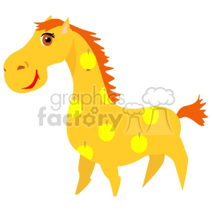 A playful, cartoon-style illustration of an orange horse with yellow apple shapes on its body, featuring a friendly expression and a red mane and tail.