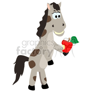 Clipart image of a cartoon horse standing on two legs holding a red apple.