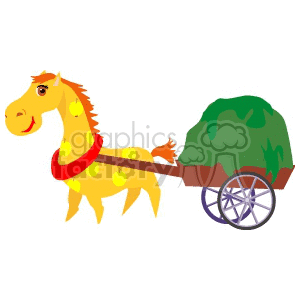 A clipart image of a yellow horse with a red harness pulling a cart filled with green hay.