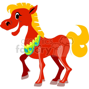A cheerful, cartoon-style clipart image of a red horse with a yellow mane and tail, wearing a green decorative harness.