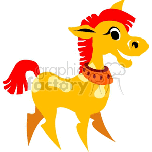 Colorful cartoon-style clipart image of a joyful horse with a red mane and tail. The horse is adorned with a red collar and is depicted in a playful stance.