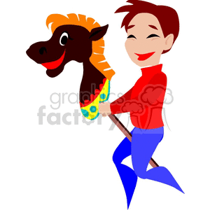 A child with red hair, dressed in a red sweater and blue pants, is happily riding a toy hobby horse. The hobby horse has a brown head with an orange mane, green bridle, and is mounted on a wooden stick.