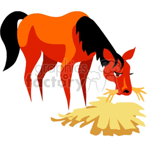 Clipart image of a horse with a black mane and orange body eating hay.
