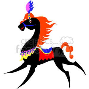 A colorful and vibrant clipart image of a decorative black horse with an orange mane, adorned with feathers and accessories suitable for a parade or celebration.