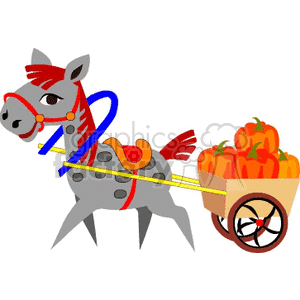 Clipart image of a grey horse with red spots pulling a cart filled with orange pumpkins.