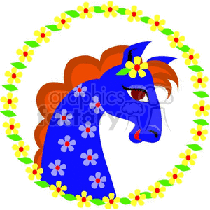 A colorful clipart image of a blue horse decorated with flowers, enclosed in a circular floral wreath.