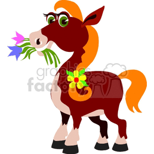 A cute cartoon horse clipart with orange mane, wearing glasses, a flower on its neck, and holding flowers in its mouth.