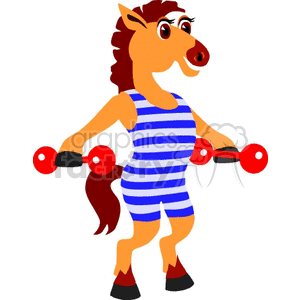 A cartoon horse wearing a blue and white striped outfit, lifting dumbbells.