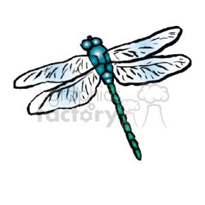 The image is a clipart representation of a dragonfly. It shows the insect with an elongated body, two pairs of transparent wings, and large eyes typically characteristic of dragonflies. The dragonfly is colored in shades of blue and green.