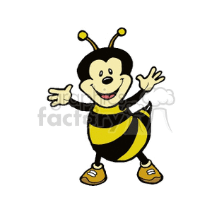 Clipart image of a smiling cartoon bee character with arms outstretched, wearing yellow and black stripes and brown shoes.