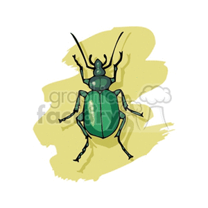 A clipart illustration of a green beetle with a shadowed yellow background.