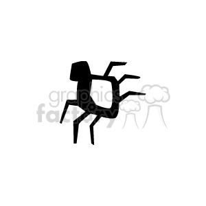 A black silhouette of a stylized insect with six legs and an abstract shape.