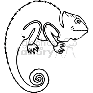 The image is a black and white line art drawing of a chameleon. It features the characteristic details one might expect to find in a depiction of this type of lizard, such as a curled tail, a crested spine, and the distinctive head shape that chameleons have. The image is styled in a simple, cartoon-like manner, suitable for clipart usage.
