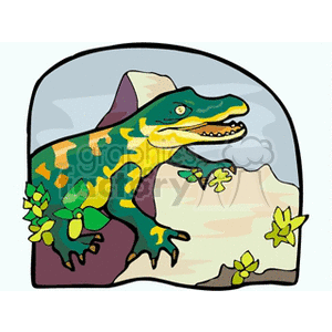 This clipart image depicts a cartoon-style alligator in a swamp-like environment. The alligator is colored in various shades of green with yellow accents and is shown with an open mouth, displaying its teeth. The background features shades of brown that mimic land or mud, and there are stylized green lily pads both beneath the alligator and in the foreground.