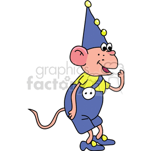 A whimsical clipart image of a cartoon monkey character wearing a blue party hat with yellow dots, yellow shirt, and blue overalls adorned with a large white button. It could be part of a circus act