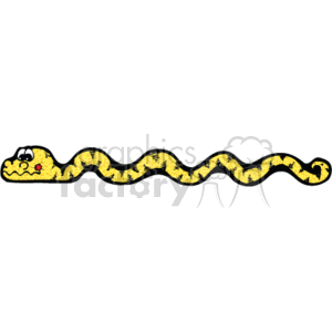This clipart image depicts a stylized cartoon snake with a friendly appearance. The snake has a yellow body with black patterns, resembling a typical depiction of some real-life snake species. The pattern consists of a repeating sequence that gives it a country or rustic style. The snake appears to have a smiling face with round eyes and a red tongue. It's designed to serve as a decorative border or line, which might be used to embellish a page or frame text in a playful way.