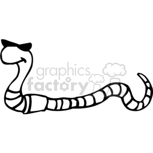 This clipart image depicts a cartoon snake. The snake is drawn in a simple, stylized manner with bold outlines and segmented sections to represent its scales. It features a smiling face with a playful expression, depicted by a small upward curve for a mouth and a dot for an eye. The snake's tongue is not visible, and it has a rounded tip on its tail.