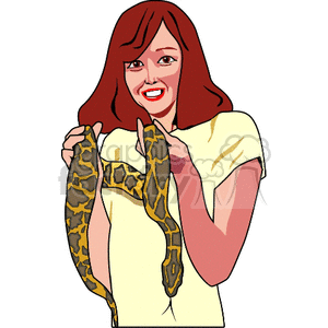 This clipart image depicts a woman holding a snake with a patterned body. The woman has a smile on her face, indicating she is comfortable and possibly happy with the snake. She has red hair, and she's wearing a yellow top.